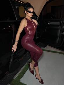 Dayanna Comas 2024 Fall/Winter New Women Sexy Low Waist Ankle Length Red Leggings, Suitable For Party, Birthday, New Year - Red - View 4