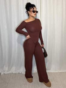 Dayanna Comas Women's Casual Asymmetrical Shoulder Fuzzy T-Shirt + Wide Leg Low Waist Pants 2 Pieces Set, Winter Fall Cloth For Women - Brown - View 3