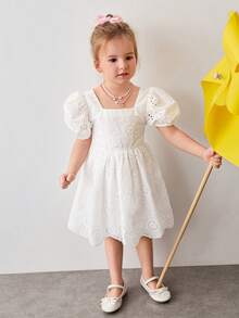 Maija Kids Đầm thường ngày màu trơn cổ tròn tay phồng eo thắt eo dành cho bé gái - trắng - Xem 2