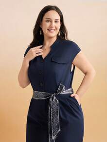 Momelise 大码女式极简V领连帽袖纽扣装饰印花围巾腰带休闲长款阔腿连体裤，适合通勤和户外活动穿着