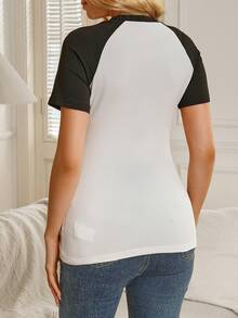 SHEIN Contrast Color Casual Comfortable Printed Nursing Maternity T-Shirt - Black and White - View 2