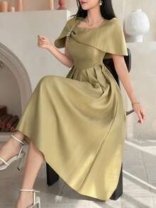 DAZY Women's Elegant Solid Color Pleated Asymmetric Dress, Summer Wedding Guest Dress Sundress - Yellow - View 6