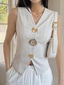 Livesso 女士无袖金属扣装饰休闲办公装，优雅修身开衫衬衫，适合情人节、婚礼、通勤、春夏季节穿着。 - 米色 - 查看 7