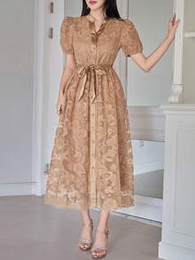 DAZY Gaun Wanita Elegan Warna Polos dengan Lengan Mengembang Berenda dan Sabuk, Gaun Tamu Pernikahan Musim Semi/Panas - Khaki - View 4