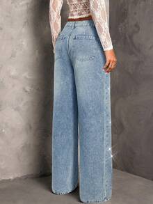 SHEIN BAE Women's Fashionable Rhinestone Embellished Loose Pocket Jeans - Light Wash - View 2