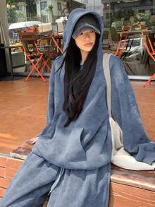 DAZY 2件套 女式连帽休闲韩版卫衣和宽松运动裤 - 藍色 - 查看 4