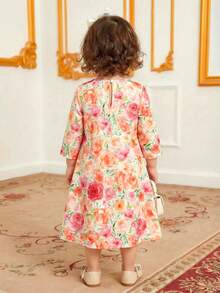 Baby Girls' Casual Minimalist Long Sleeve Dress, Classic Middle Eastern Arabic Traditional Jalabiya Long Dress, Vintage Peony Floral Print - Multicolor - View 3