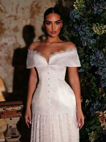 Glamrae Elegant, Romantic, Fashionable, White, Lace, Luxurious Satin, Eyelash Lace, Off-The-Shoulder Neckline, Back Tie Dress Wedding Guests, Holidays, Wedding Events And Formal Occasions, Heavily Embellished Wedding Dress,Wedding Party Dress, Valentine's Day - White - View 2