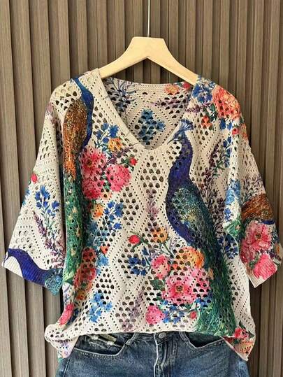 EMERY ROSE 2026 Plus Size Women's Fashion Casual Minimalist Versatile Short-Sleeve Sweater With Small V-Neck, Openwork Animal Floral Print, Perfect For Everyday Wear