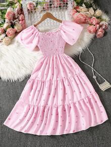 Short Sleeve Teenage Girls' Multicolor Striped Fuchsia Bow Decor Top With Cap Sleeve And Layered Ruffle Skirt, Fashionable Elegant For Daily, Party - Pink - View 3