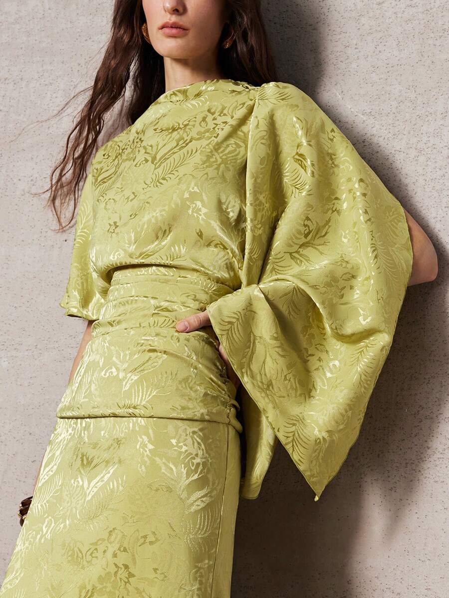 ZEYLAH Jacquard Asymmetric Shoulder Fitted Mid-Length Dress, Spring - Green - View 1