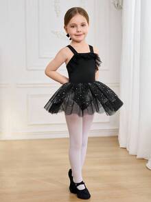 SHEIN Váy tutu đen bóng có dây đeo cho bé gái, áo liền quần múa ba lê tay loe ren cho bé gái, trang phục múa ba lê. - Màu xanh lam - Xem 3