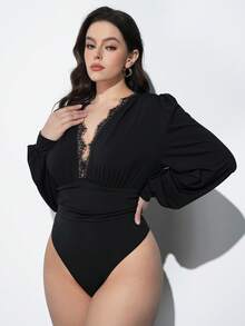 Maija Plus Size Women's Black Lace Solid Color Elastic Ruffle Sleeve Bodysuit, Romantic, Fashionable, Versatile; Comfortable, Elegant, Casual, Simple For Daily Wear, Essential, Holiday Leisure, Appropriate, Single Lady, Elegant Fashion Business Casual Outerwear Top - Burgundy - View 4