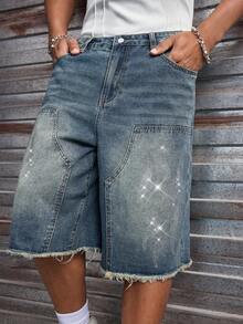 AXEPEAK 男士休闲牛仔短裤，斜插口袋，水钻装饰，毛边裤脚 - 藍色 - 查看 6