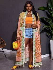 SHEIN CURVE+ Plus Size Women's Fully Printed Fringe Decoration Casual Vacation Long Sleeved Cover, Women's Summer Outfit, Women's Beach Outfit, Floral, Transparent, Holiday Outfit, Women's Beach Outfit, Dress Up, Ladies, Sarong, Elegant Set, Ladies' Palm Tree, Christmas, New Year, Thanksgiving Outfit - Multicolor - View 6