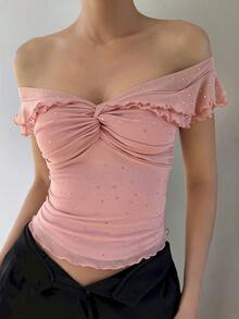 DAZY Women's Elegant Rhinestone Embellished Front Twist Ruched Off Shoulder Top, Summer - Pink - View 6