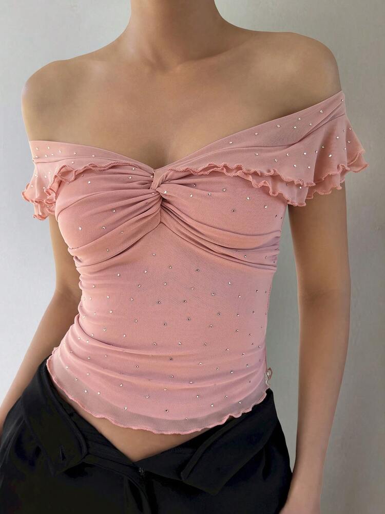 Spring & Summer Pink Off Shoulder Top, Solid Color Design Twist Knot Ruffle Hem Cropped Blouse, Suitable For Valentine's Day, Wedding, Party, Formal Occasion, Fashion Cocktail, Elegant Office Wear Women's Short Sleeve T-Shirt