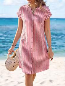 Sylviya Đầm midi nữ kẻ sọc cổ chữ V cài một hàng khuy, thích hợp cho kỳ nghỉ hè, hẹn hò, trang phục mùa hè, đầm đi biển, trang phục đi biển cho nữ, đầm thường ngày cho nữ, đầm thường ngày, trang phục đi nghỉ mát, trang phục nghỉ lễ mùa hè cho nữ, đầm đi nghỉ mát, kỳ nghỉ. - Nhiều màu - Xem 2