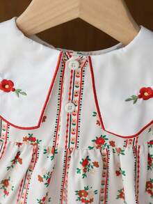 SHEIN 女嬰刺繡領短袖復古數位印花洋裝，米白色，夏季，可愛，家庭穿搭時尚休閒度假套裝 - 杏色 - 查看 9