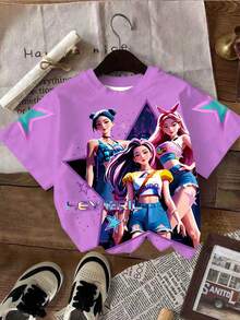 1件可爱韩流女孩印花宽松粉色短袖上衣，适合春、夏、秋、冬四季穿着，情人节送给女孩的绝佳礼物 - 淡紫色 - 查看 3