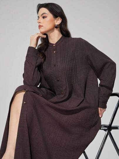 Maija 大码女式深咖啡棕色无弹力硬挺面料连衣裙，正面条纹设计，小圆领/小立领，宽松版型，双层门襟，金属纽扣装饰，时尚都市休闲商务连衣裙，高品质机场穿搭，简约舒适系列