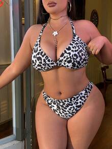 Swim SXY Bộ bikini họa tiết da báo kiểu Âu và Mỹ mới - Áo ba mảnh buộc cổ + váy sarong, đồ bơi gợi cảm đi biển. - Nhiều màu - Xem 3