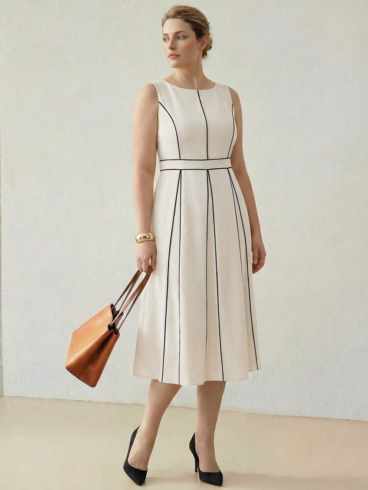 VESTIDO MIDI COM CONTRASTE ELEGANTE DE PIPING, PRIMAVERA/VERÃO