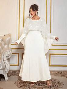 Cravure 大码女式亮片腰身美人鱼长裙，长袖纯色长裙；大码女式闪亮披肩优雅正式礼服，适合舞会、婚礼宾客、生日、毕业典礼、节日派对等场合 - 杏色 - 查看 7