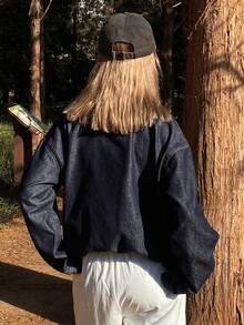 Livesso Women's Loose Fit Casual Denim Jacket With Stand Collar - Blue - View 2