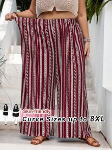 SHEIN CURVE+ 大码女式条纹弹力腰阔腿宽松休闲裤 夏季/乡村/海滩度假/沙滩/沙滩装 - 酒紅色 - 查看 1