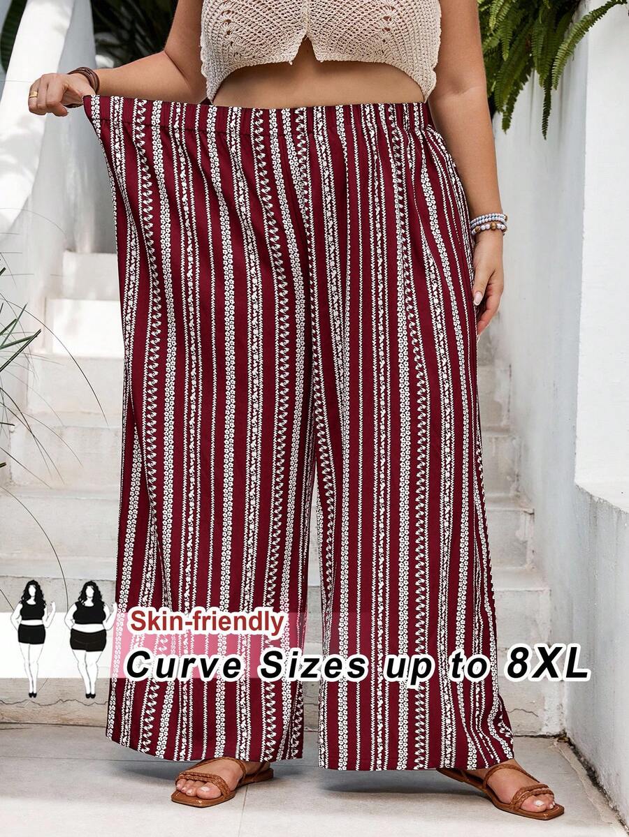 SHEIN CURVE+ 大码女式条纹弹力腰阔腿宽松休闲裤 夏季/乡村/海滩度假/沙滩/沙滩装 - 酒紅色 - 查看 1
