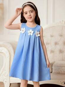 Girlhood Core Girls Blue Bow Decor Pleated Detail Fashion Minimalist Versatile Casual Outfit - Blue - View 1
