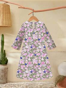 [1 Piece]4-7 Year Old Girl Lavender Middle Eastern Forest Style Floral Pattern Gold Border Long Sleeved Dress For Autumn,Family Matching,Wedding Guest - Multicolor - View 2