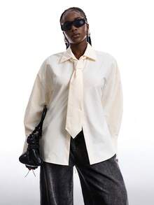 SHEIN EZwear Áo sơ mi tay dài cổ buộc dây, đệm vai cỡ lớn, tối giản cho nữ cỡ lớn, phù hợp mặc hàng ngày, đi làm, trang phục công sở, phong cách học sinh, thời trang đô thị - Vàng nhạt - Xem 6