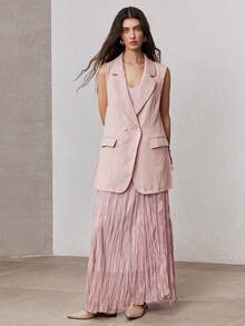 ZEYLAH Women's Solid Color Asymmetrical Hem Pleated A-Line Midi Skirt, Spring - Pink - View 7