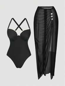 Swim Oasis New Elegant Plus Size One-Piece Swimsuit + Sarong Skirt Two Pieces Set For Beach Vacation, Black Elegant Pearl Decor Slimming Plus Size One-Piece Swimsuit, Slimming One-Piece Swimsuit + Sarong Skirt - Black - View 8