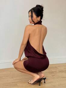 SHEIN PETITE 高领露背吊带迷你连衣裙 - 中紫紅色 - 查看 2