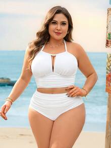 Swim Lushoire 新款海滨度假风大码泳装套装，舒适纹理面料两件套泳衣，优雅度假风女士泳装套装，大码泳装套装，曲线沙滩装，大码两件套白色泳衣，大码比基尼套装 - 白色 - 查看 3