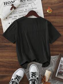 青少年男孩休闲时尚创意个性化清新高端简约爱心卡通图案棒球帽，格子星星数字67字母标语印花休闲基础款短袖T恤，舒适，适合情人节氛围 - 黑色 - 查看 2