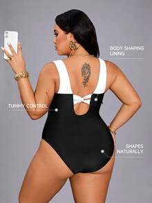 Shapewave 大码优雅夏季度假沙滩显瘦显瘦黑白撞色胸部支撑连体泳衣 - 黑與白 - 查看 2