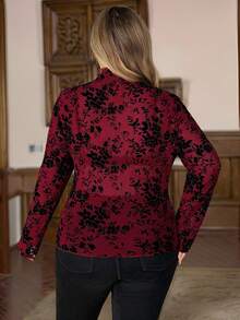 SHEIN CURVE+ 女士加大码印花透视高领网纱上衣（不含胸罩），适合都市通勤、商务休闲、办公室穿着，优雅百搭，也适合圣诞派对、新年庆祝活动，红色上衣 - 紅色 - 查看 2