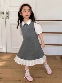 DAZY Young Girl' Collared Color Block Ruffle Trim Casual Patchwork Korean Style Puff Sleeve Dress - Grey - View 4