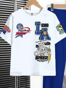 2pcs Tween Boy Casual Y2K Graffiti Letter Print Short Sleeve T-Shirt And Pants Set, Suitable For Spring/Summer - White - View 4