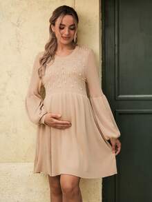 SHEIN Maternity Sweater Dress, Fitted Style, Pearl Decor Design, Casual Elegant For Daily Wear And Dates, Solid Color Long Sleeve Maternity Sweater Dress - Khaki - View 3