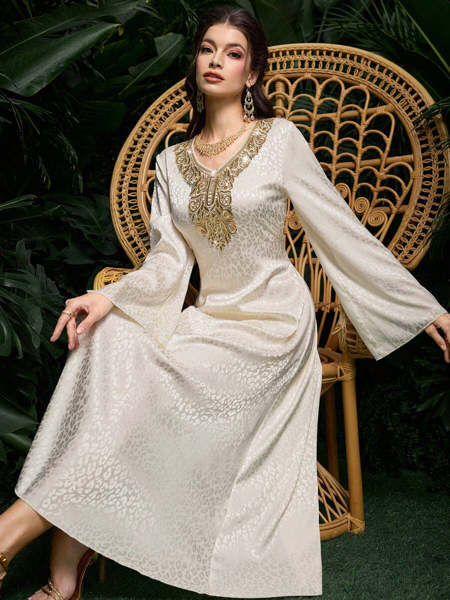 Al Najma Women's Chiffon Leopard Print Long Sleeve Tie Neck Elegant Floral Print Arabic Dress, Spring/Summer - Apricot - View 1