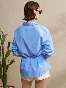 Airaco 女士休闲通勤条纹短袖衬衫 - 藍色 - 查看 2