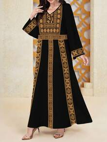 Al Najma 女士黑色V领长袖喇叭下摆印花连衣裙，优雅舒适，精致花卉图案，花卉图案，保守款式，涤纶材质，适合居家、外出、度假、聚会等场合。飘逸连衣裙，复古连衣裙，女士长袖连衣裙。 - 黑色 - 查看 7