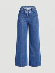 Sweetra 女士时尚休闲弹力腰宽松阔腿牛仔裤 - 中等水洗藍 - 查看 3