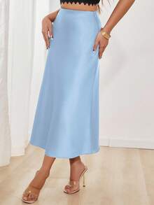 Glamine Plain Baby Blue Satin A Line Long Skirt With Zipper Detail For Parties - Baby Blue - View 5
