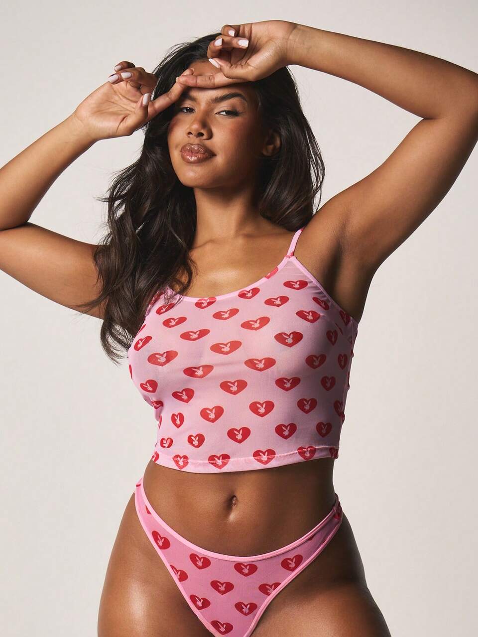 Missguided x Playboy Tanga de malla con estampado de corazón y diseño de conejito, lencería íntima de San Valentín